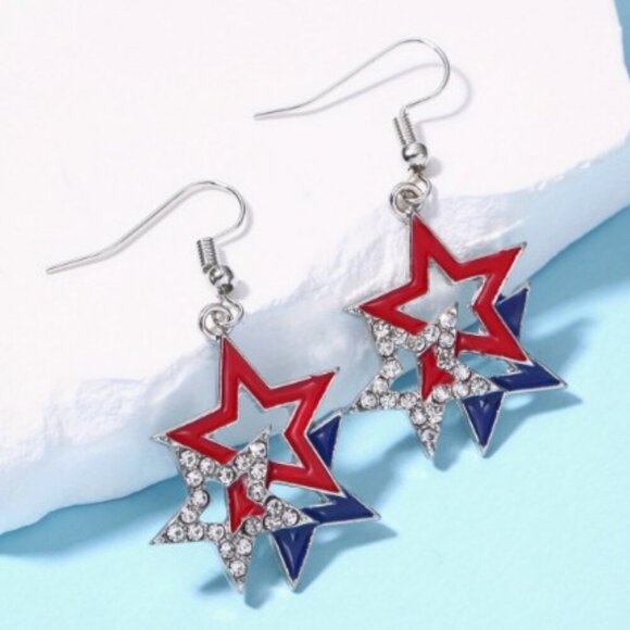 Shimmering Rhinestones Star Earrings - Red, White & Blue Pendant Design - Picture 1 of 5